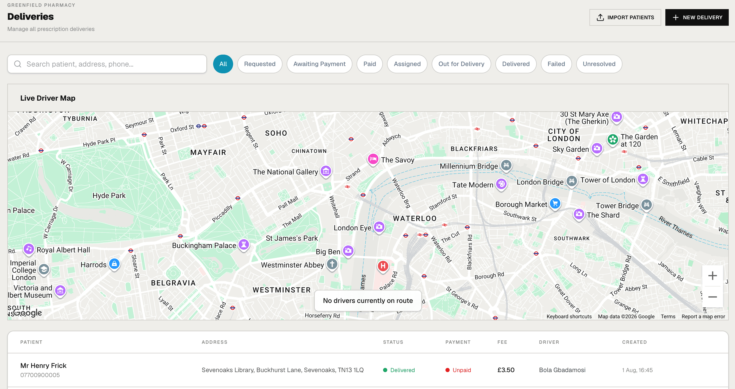 RouteNest dashboard showing the live driver map and delivery list